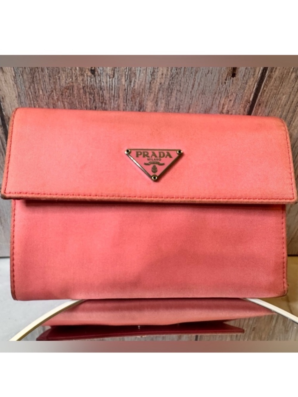 Prada Pink Satin Clutch with Gold Triangle Logo and coin pouch - Picture 7 of 16